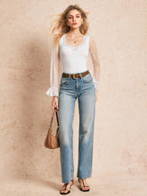 Women Solid Color Lace Patchwork Trim Long Sleeve Minimalist Fitted Bodysuit